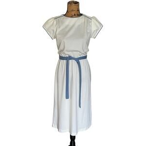 Vintage 70s 80s Cream Blue Cotton Short Sleeve A-Line Midi Dress Women’s XS/S
